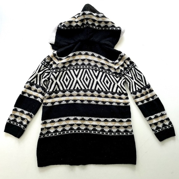 No Boundaries Girls Sweater Large Sherpa Hood Cardigan Black Fair Isle Knit - Picture 14 of 15